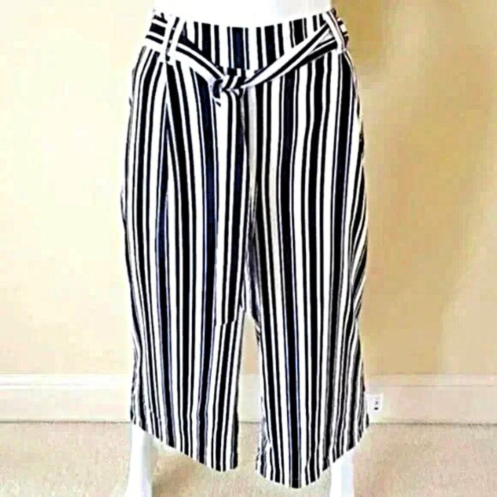 Cato Navy/White Striped High Rise Belted Wide Leg Pants SZ L